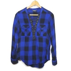Express Lace-Up Front Plaid Top
